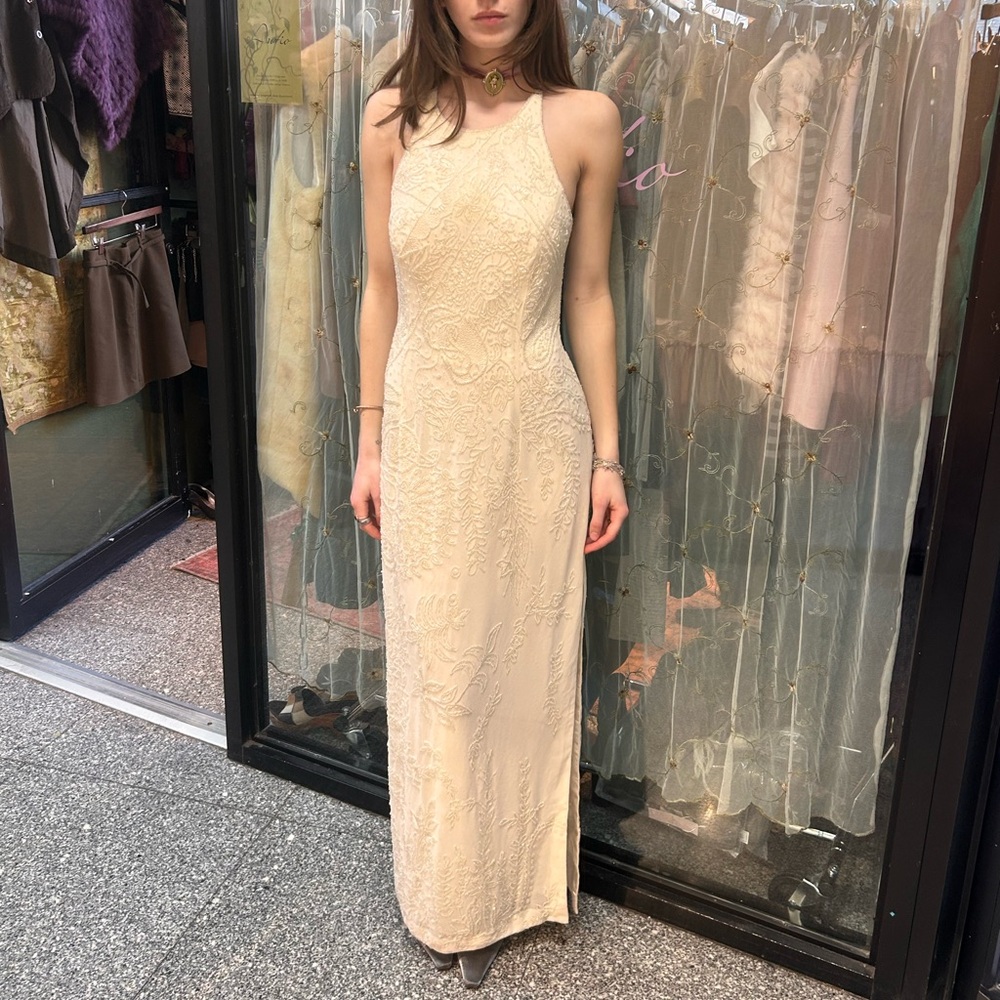 vintage white celestial beaded high neck wedding dress maxi cross back side slit